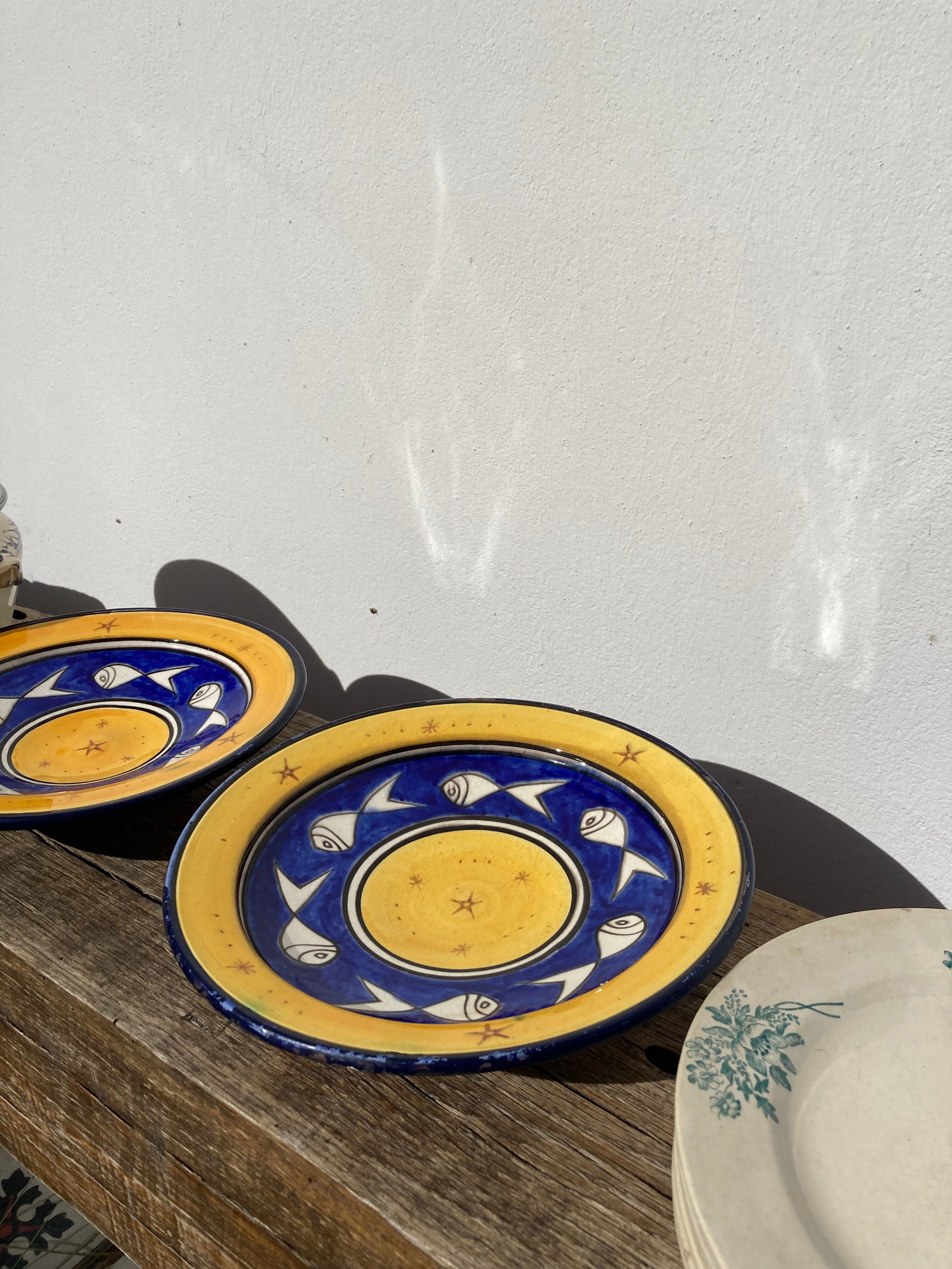 Pair of dishes Safi Dmani ethnic ceramic fish yellow and blue - vintage pottery