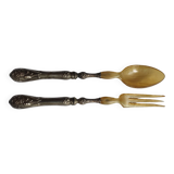Art Nouveau salad servers in horn and silver metal