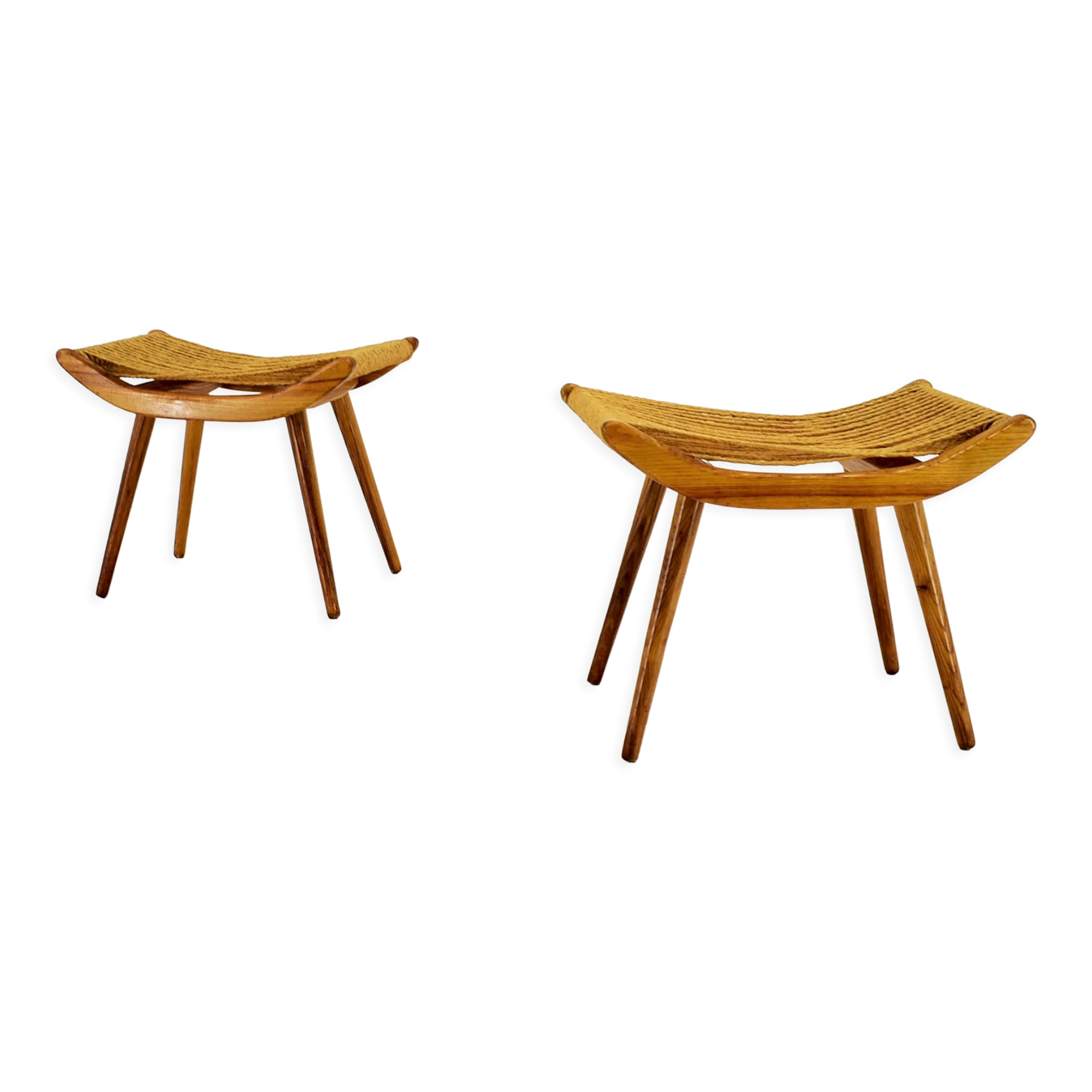 Pair of beech straw stools, 1960s, Czechoslovakia
