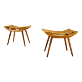 Pair of beech straw stools, 1960s, Czechoslovakia