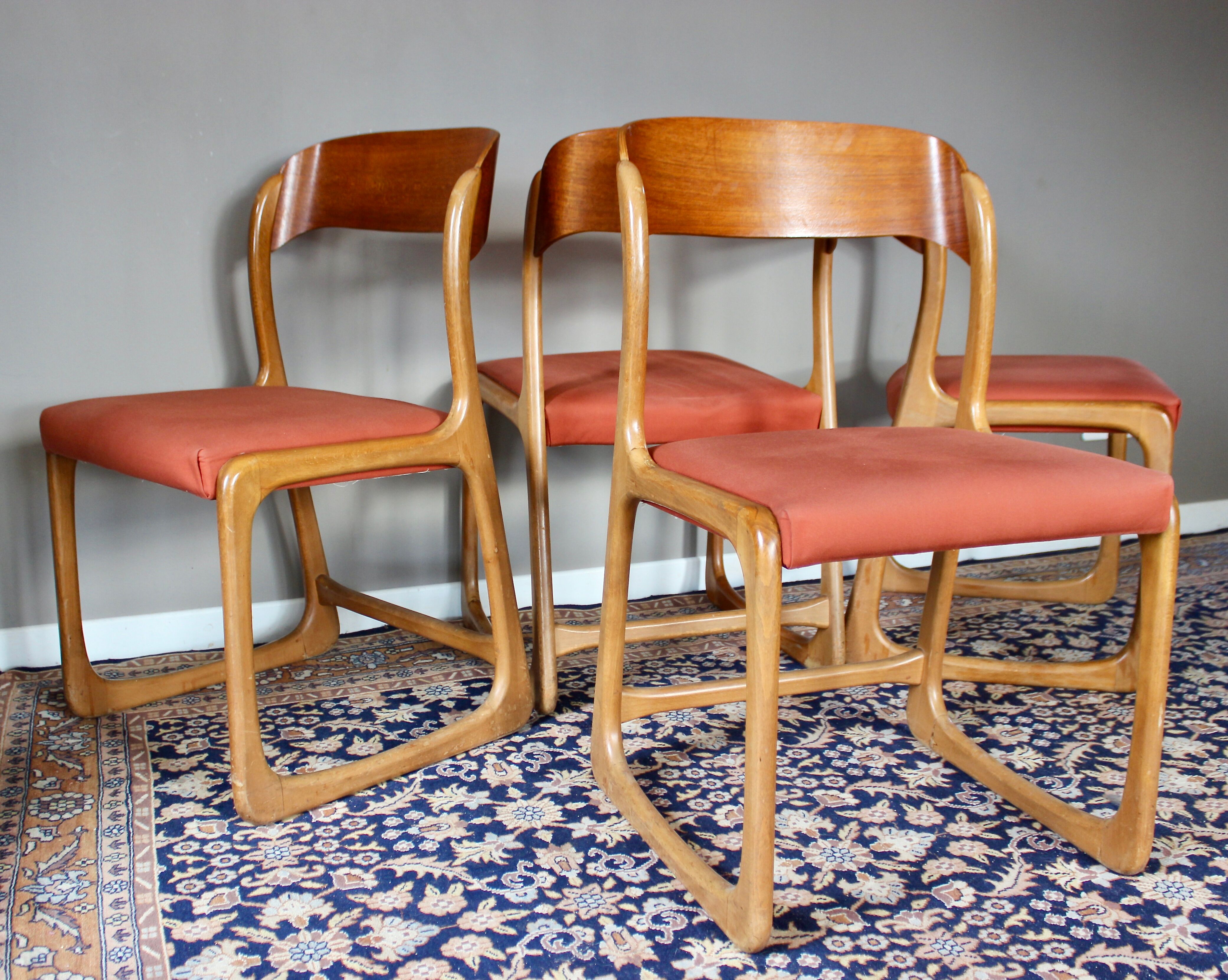 4 vintage chairs in teak, Scandinavian style, by the publisher Baumann, model Bémol / "Traineau"