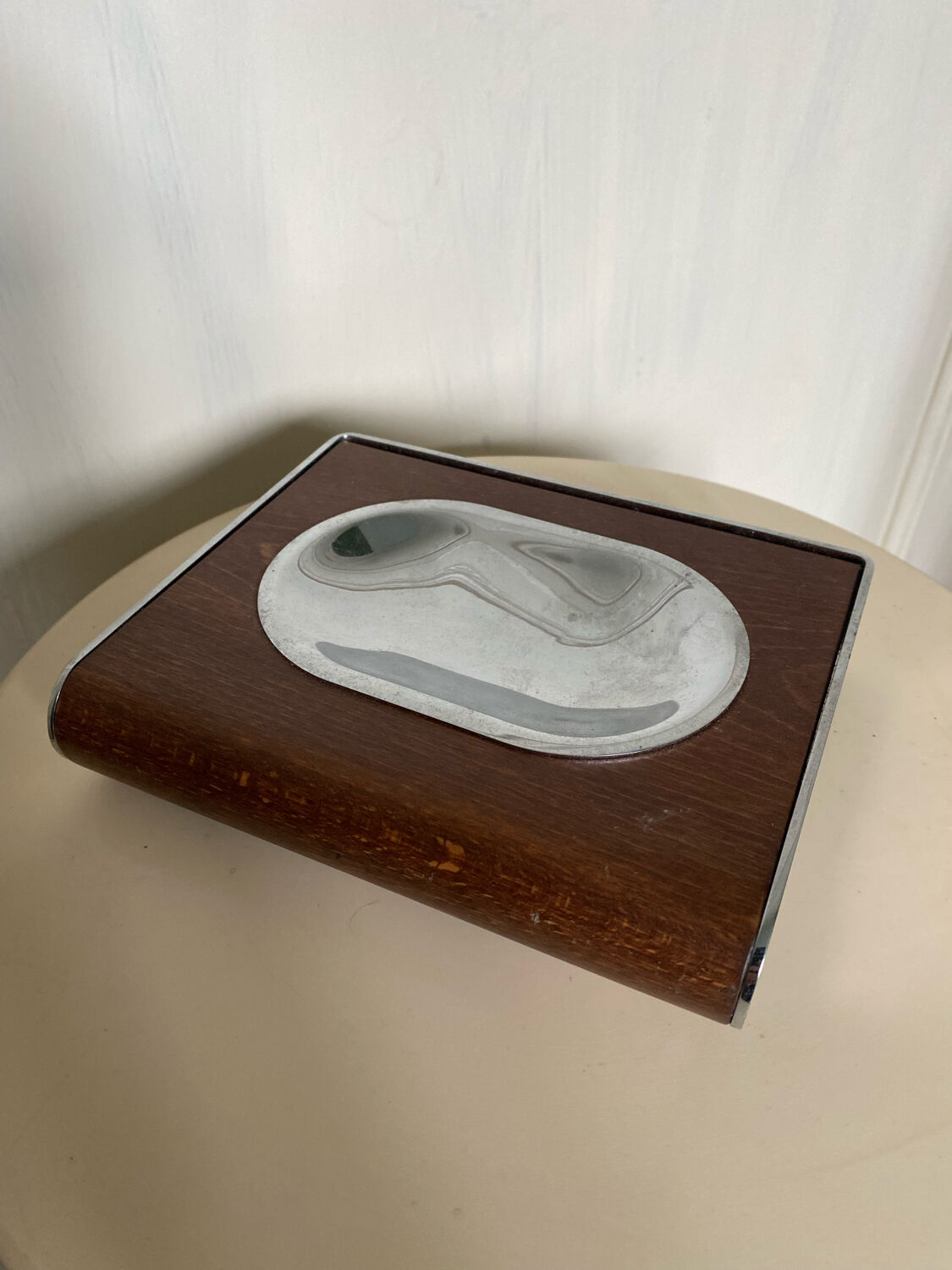 Wall soap holder design chrome and walnut wood