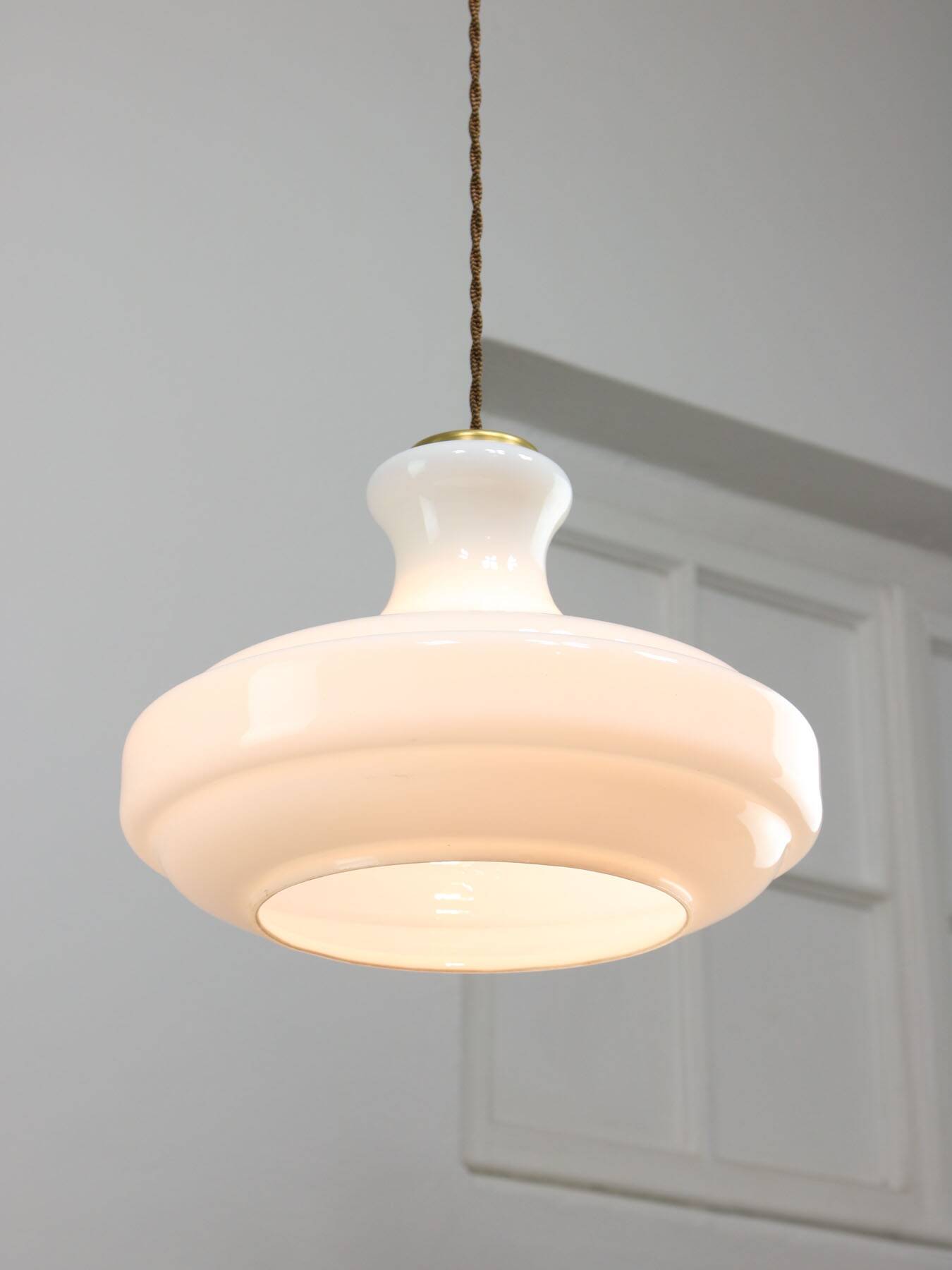 Mid-Century Italian White Glass and Brass Pendant Lamp