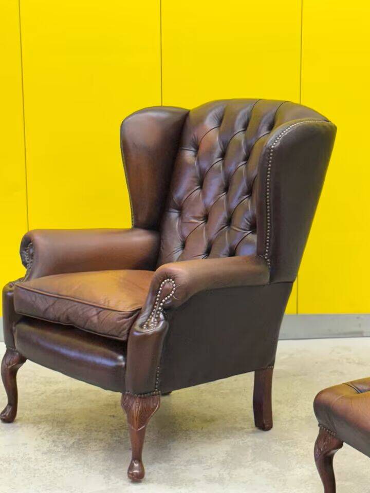 Dark Brown leather chesterfield wing chair with Ottoman