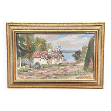 Huile su panneau suédoise "Vue de paysage" par S. Toqvist, vintage et encadrée 57×40cm
