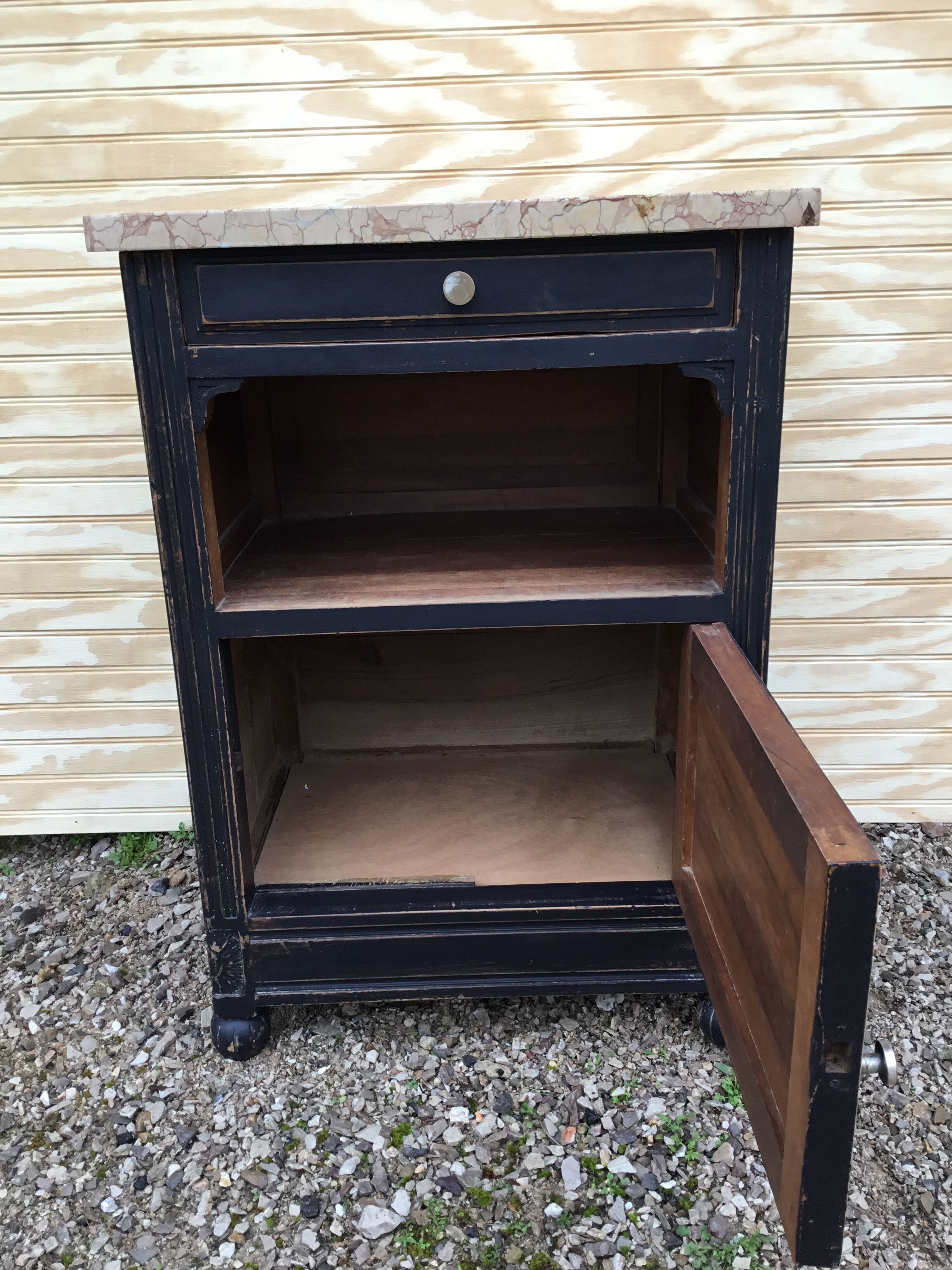 1940s walnut bedside on marble