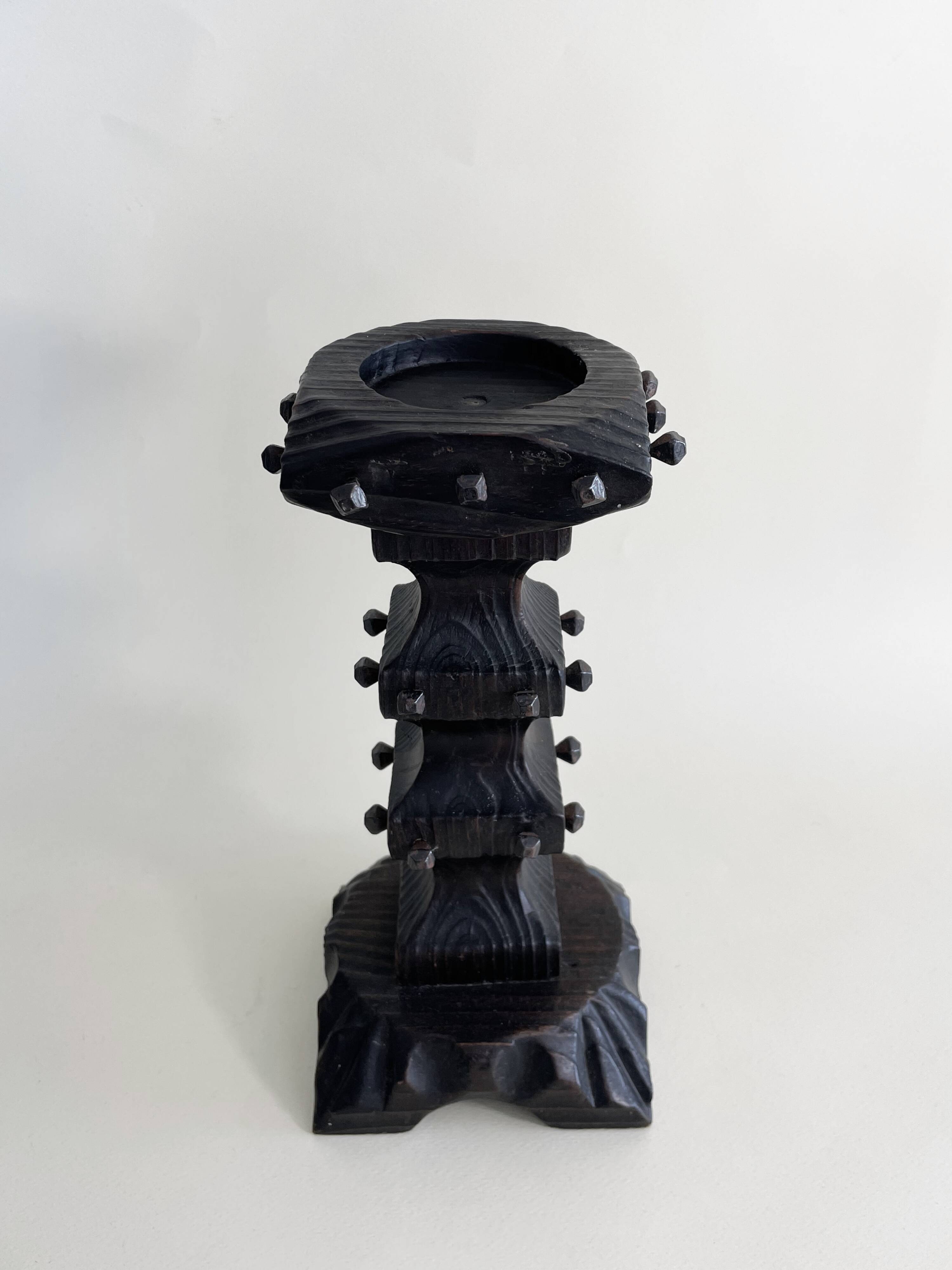 Medieval Studded Wooden Candle Holder on Stand