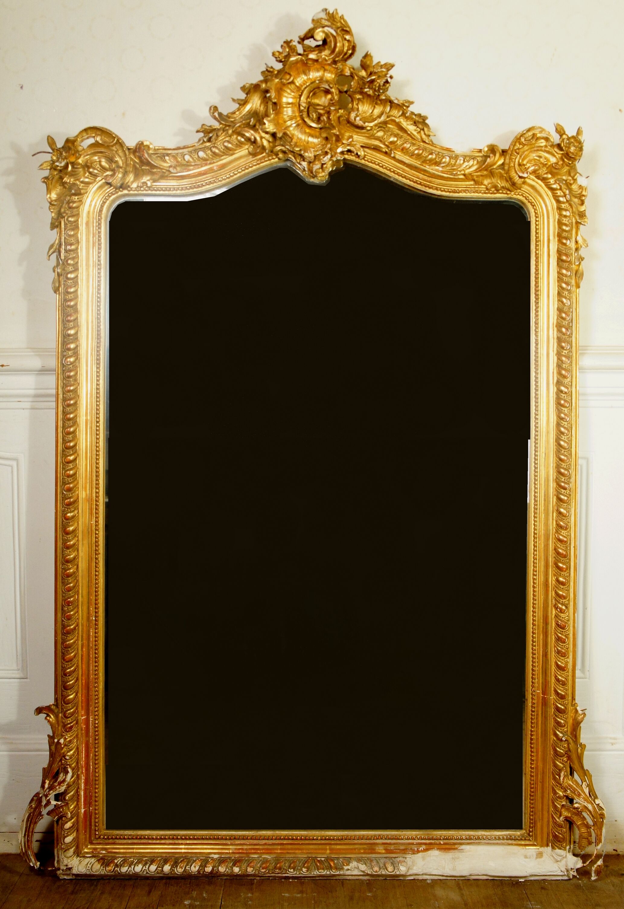 Miroir de style Louis XV doré feuille d'or, XIXe siècle - 142x90