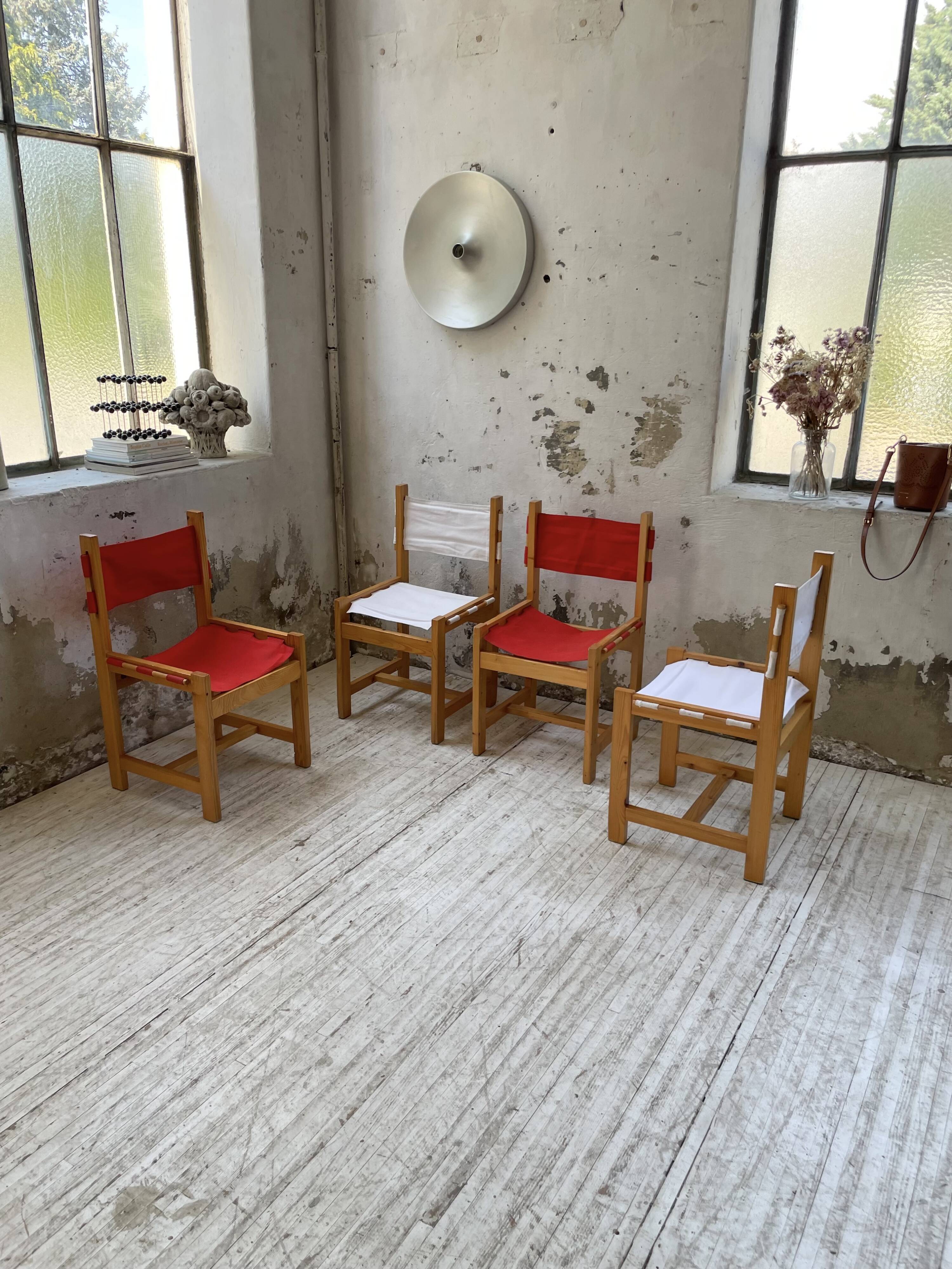 Set of 4 80s colored pine chairs