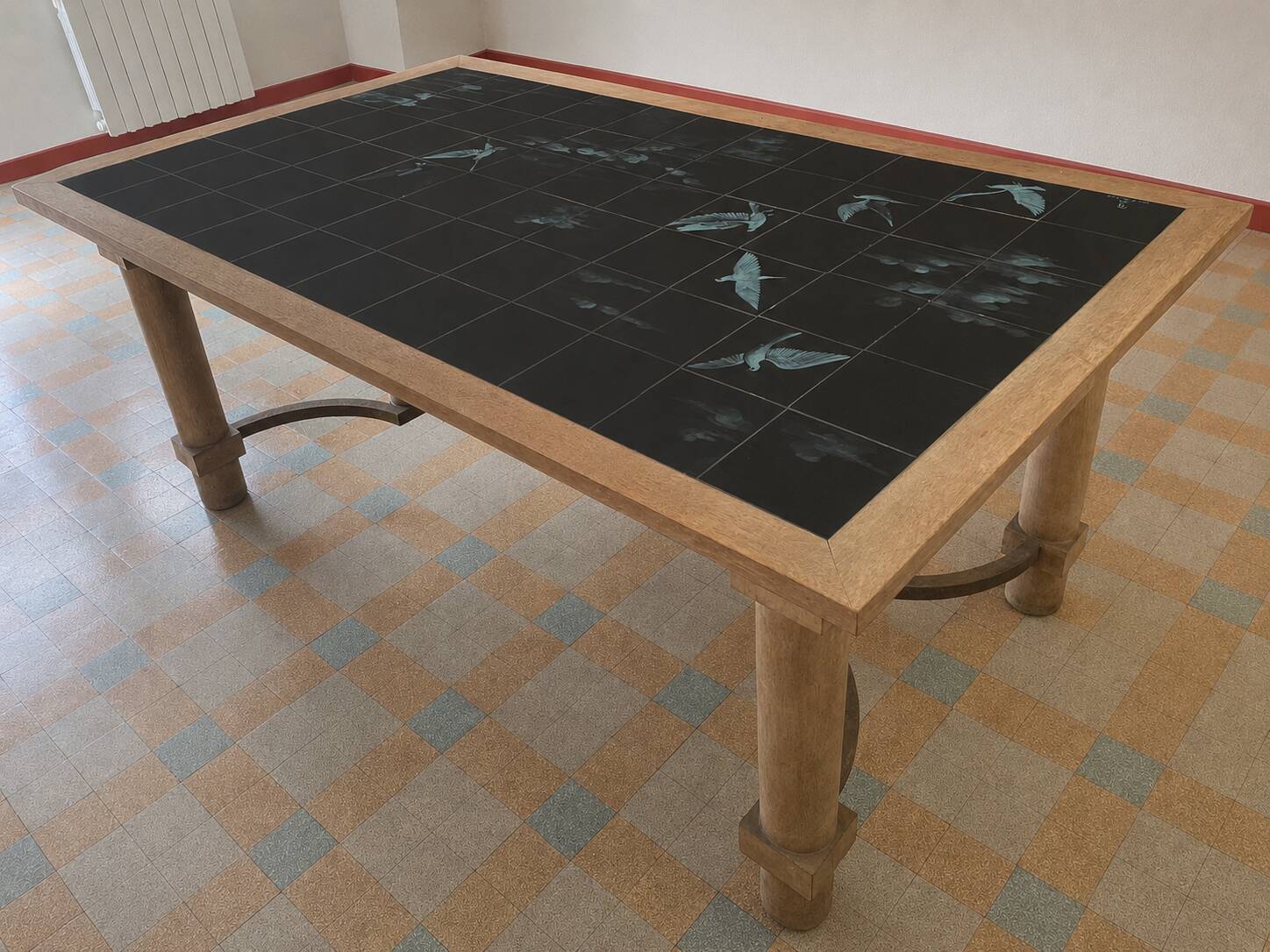 dining table in solid cherry wood and ceramic signed Philippe Rouart