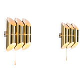 Paire d'appliques murales cylindriques triples en laiton avec abat-jour perforés
