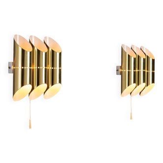 Pair of triple cylindrical wall lamps in brass with perforated shades