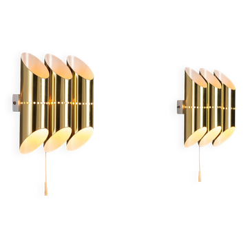 Paire d'appliques murales cylindriques triples en laiton avec abat-jour perforés