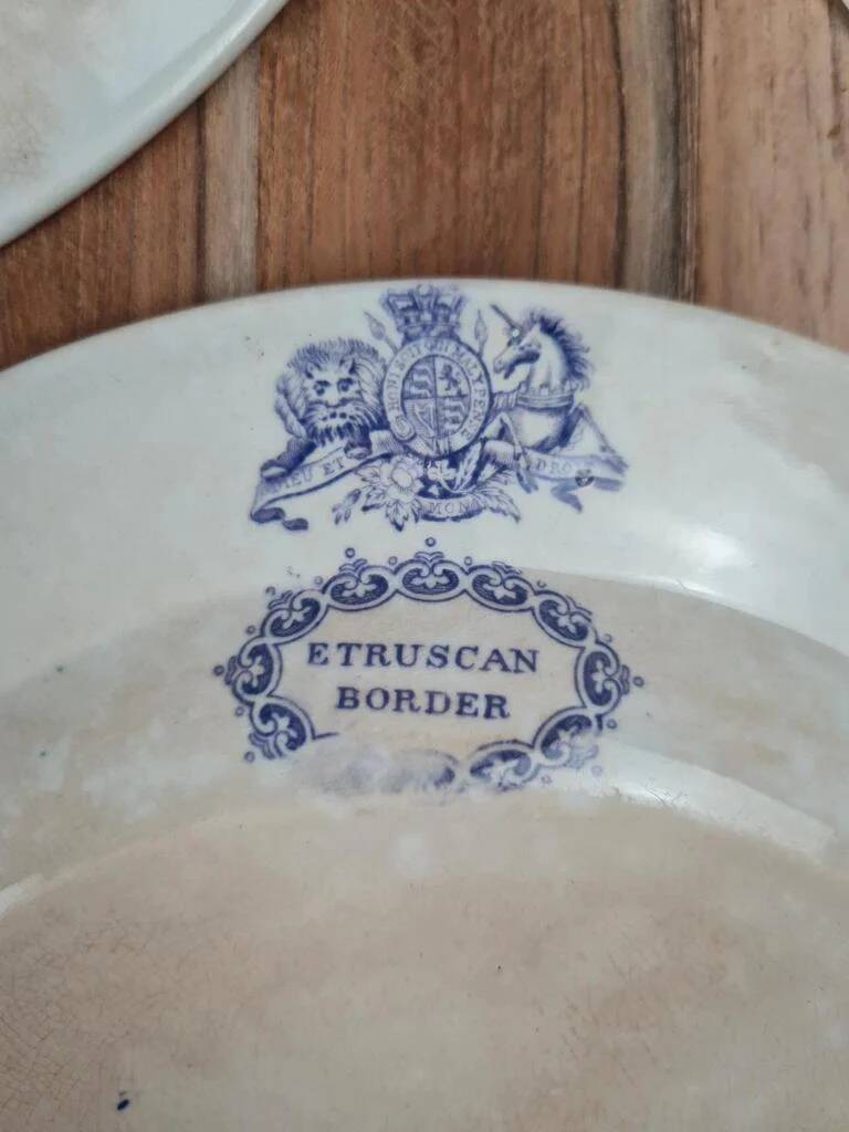 Set of 3 large antique plates, W. Adams & Sons, Etruscan Border design, Victorian Era.