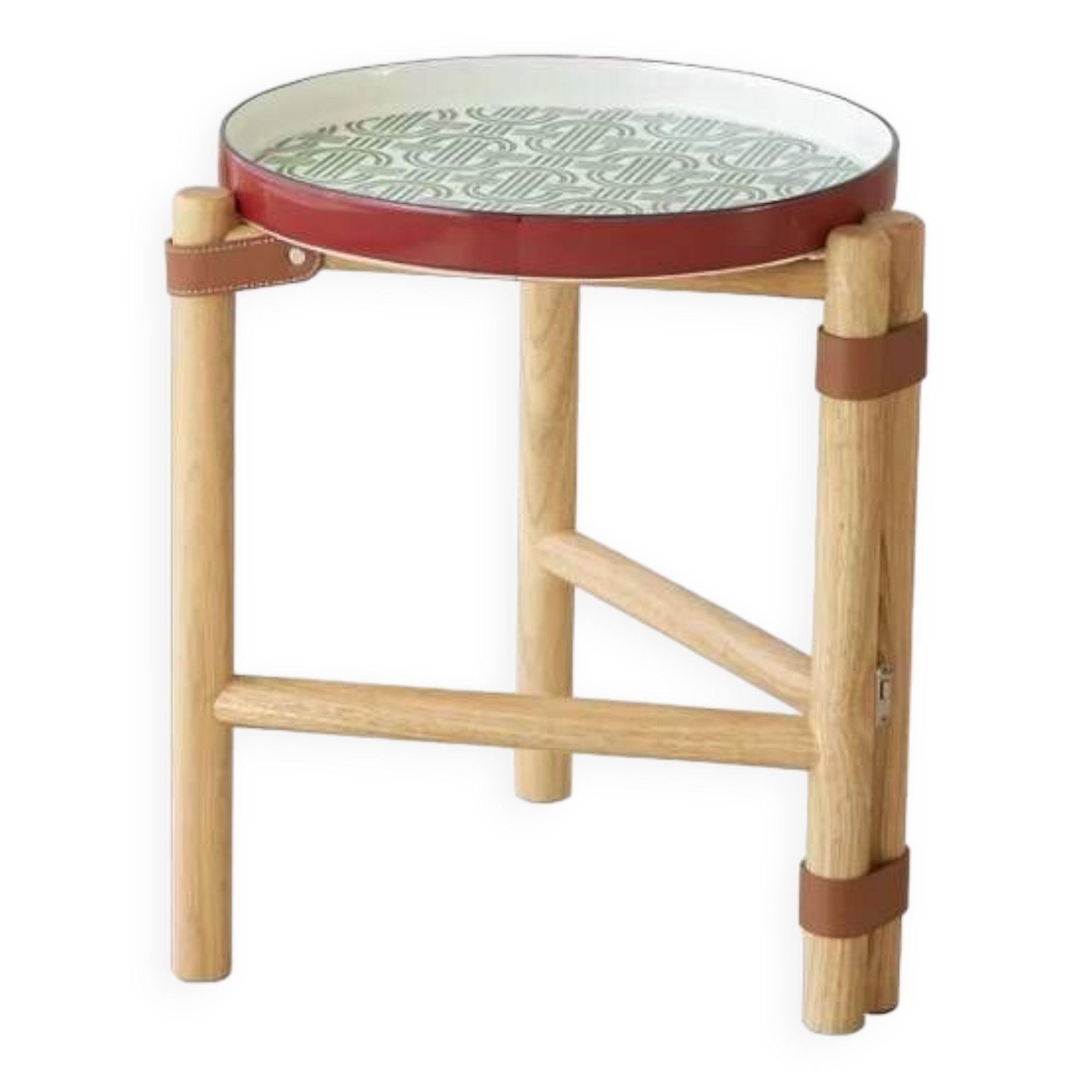 Vintage Coffee Table with Removable Medieval-Style Painted Blue Porcelain Tray, Solid Wood Base