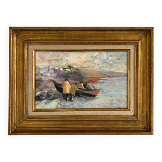 Oil on canvas "The Fishermen and the Doris" by Claude Persini. 20th century.