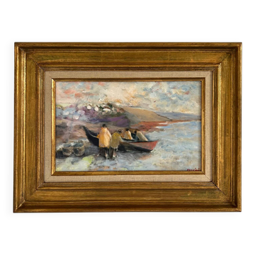 Oil on canvas "The Fishermen and the Doris" by Claude Persini. 20th century.