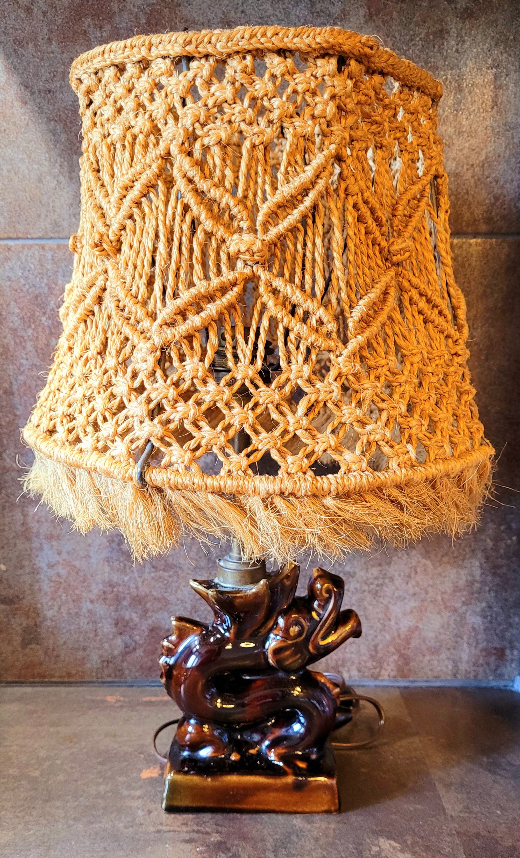 Old vintage ceramic lamp and rope lampshade 40s 50s