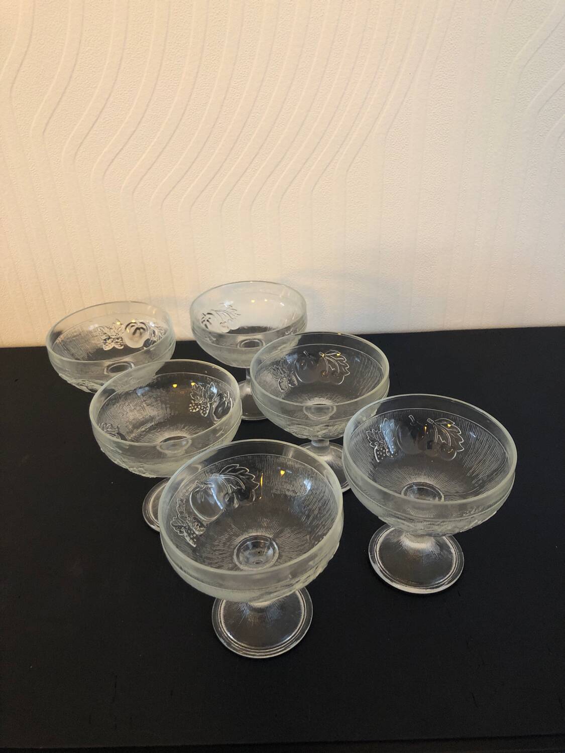 6 Vintage Glass Fruit Bowls Engraved with Fruits