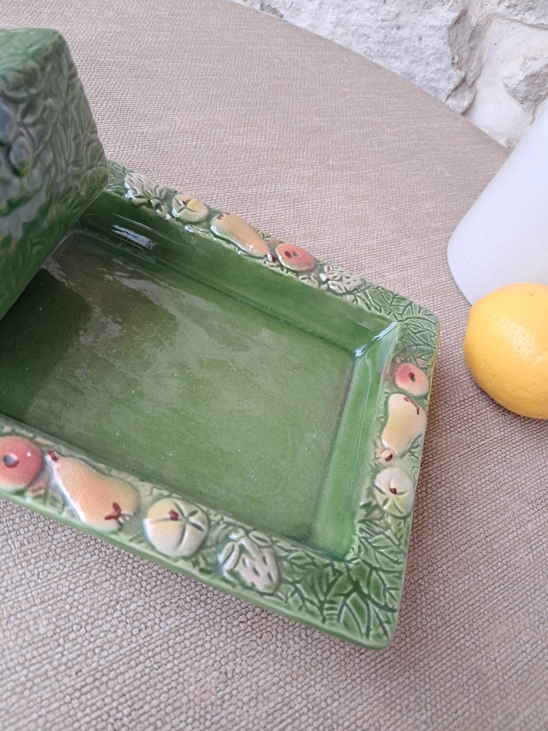 Antique butter dish in slip