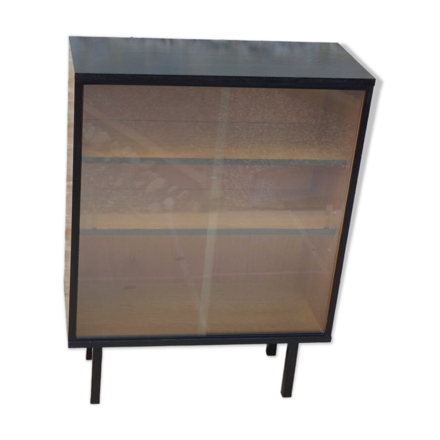 Storage unit, display cabinet with sliding glass doors, metal base