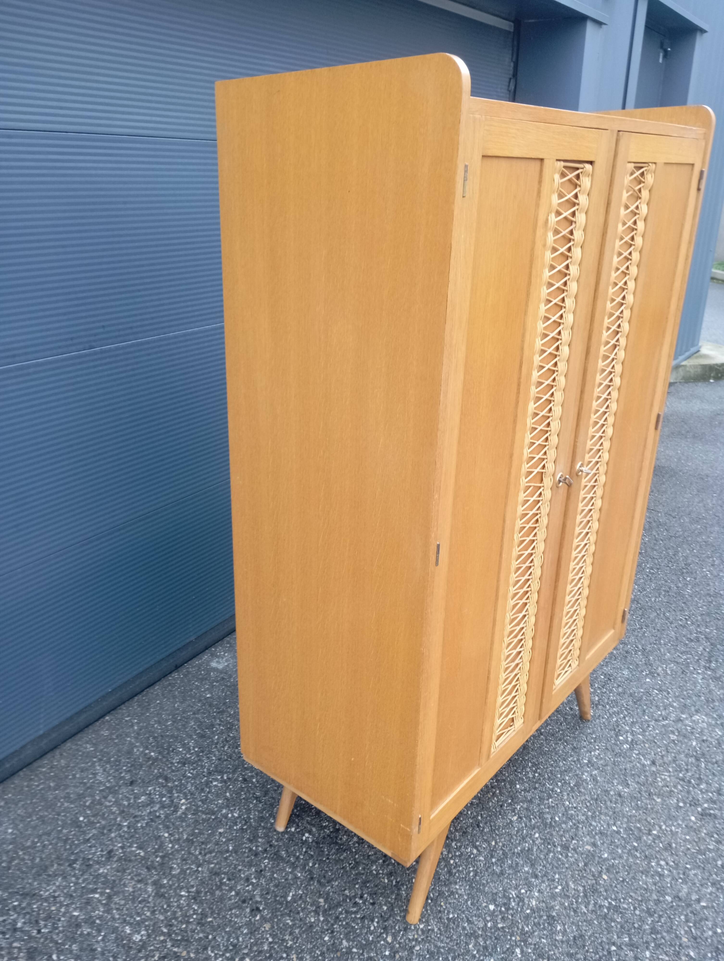 Vintage oak and rattan wardrobe