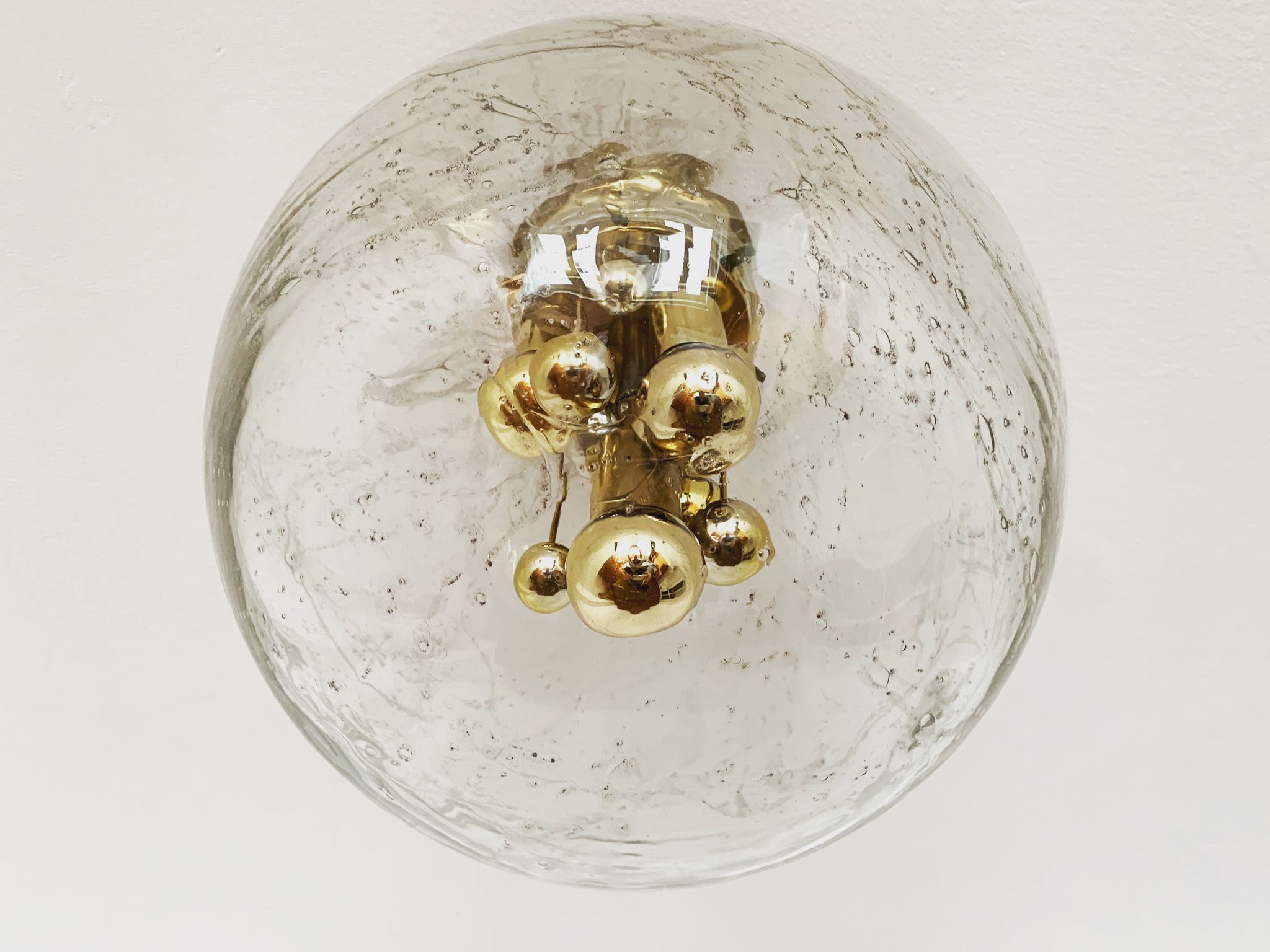 Golden mid-century ice glass ceiling lamp by Doria