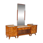 Vintage dressing table with burl veneer, large mirror and storage cabinets, mid-20th century, Czechoslovak, 38 x 82 x 53 cm