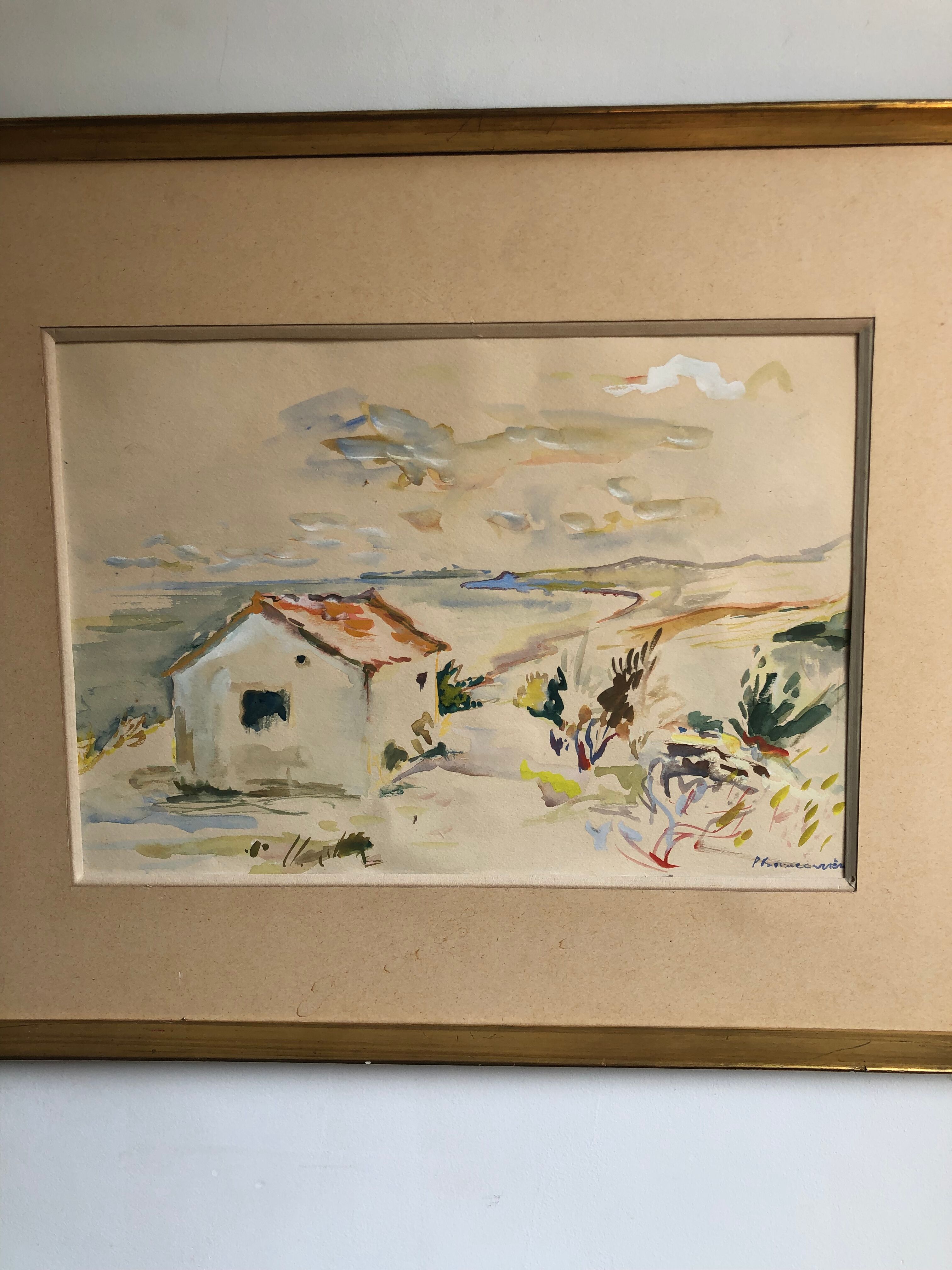 Framed watercolor seaside house