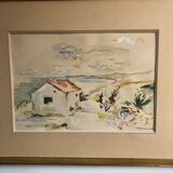 Framed watercolor seaside house