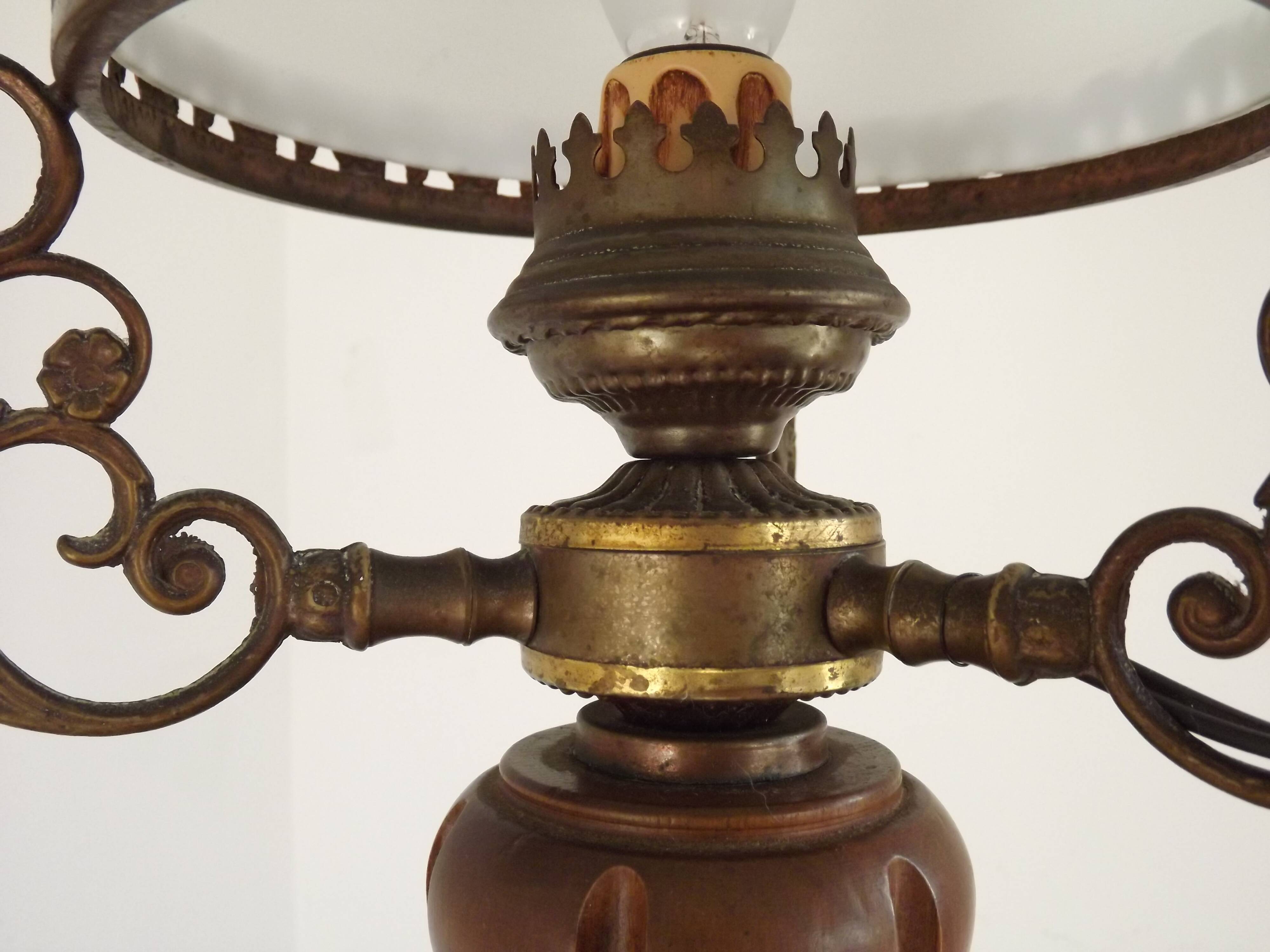 French Vintage Brass Metal And Wood Lantern Ceiling Light White Glass Shade 5120