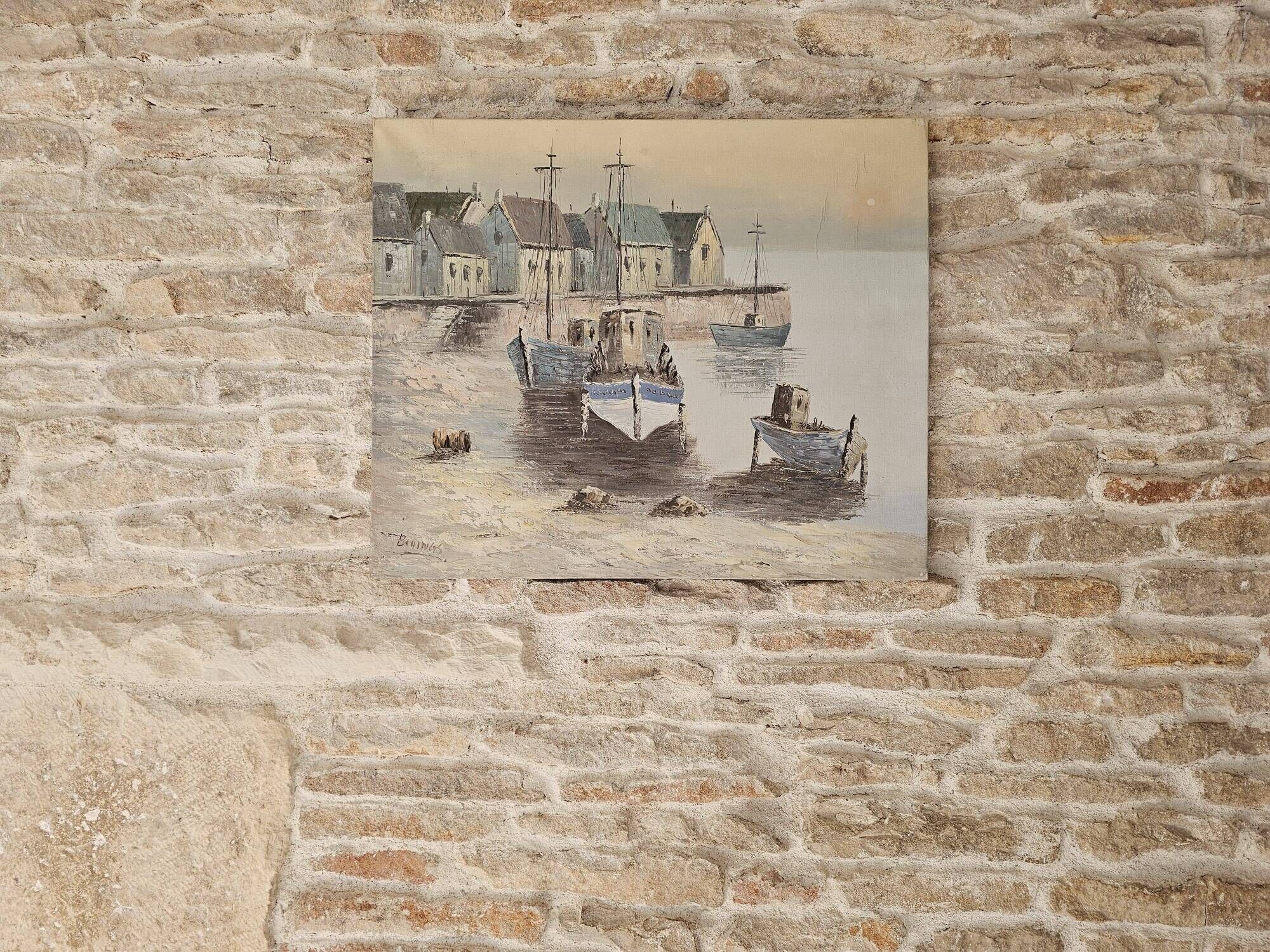 Oil on canvas - Marine, fishing port in a village signed Billings