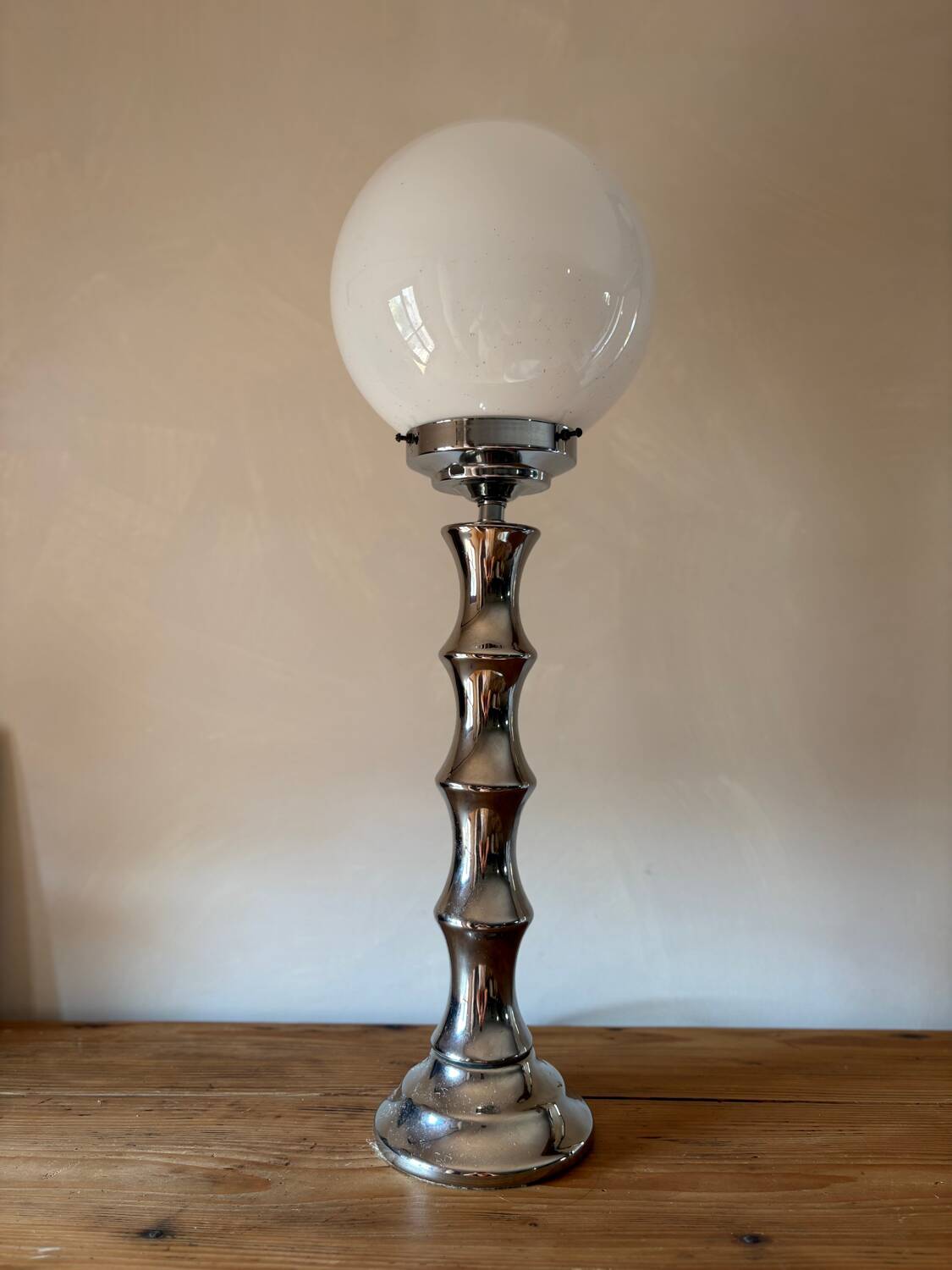 Vintage 1970s chrome globe lamp with bamboo-like finish