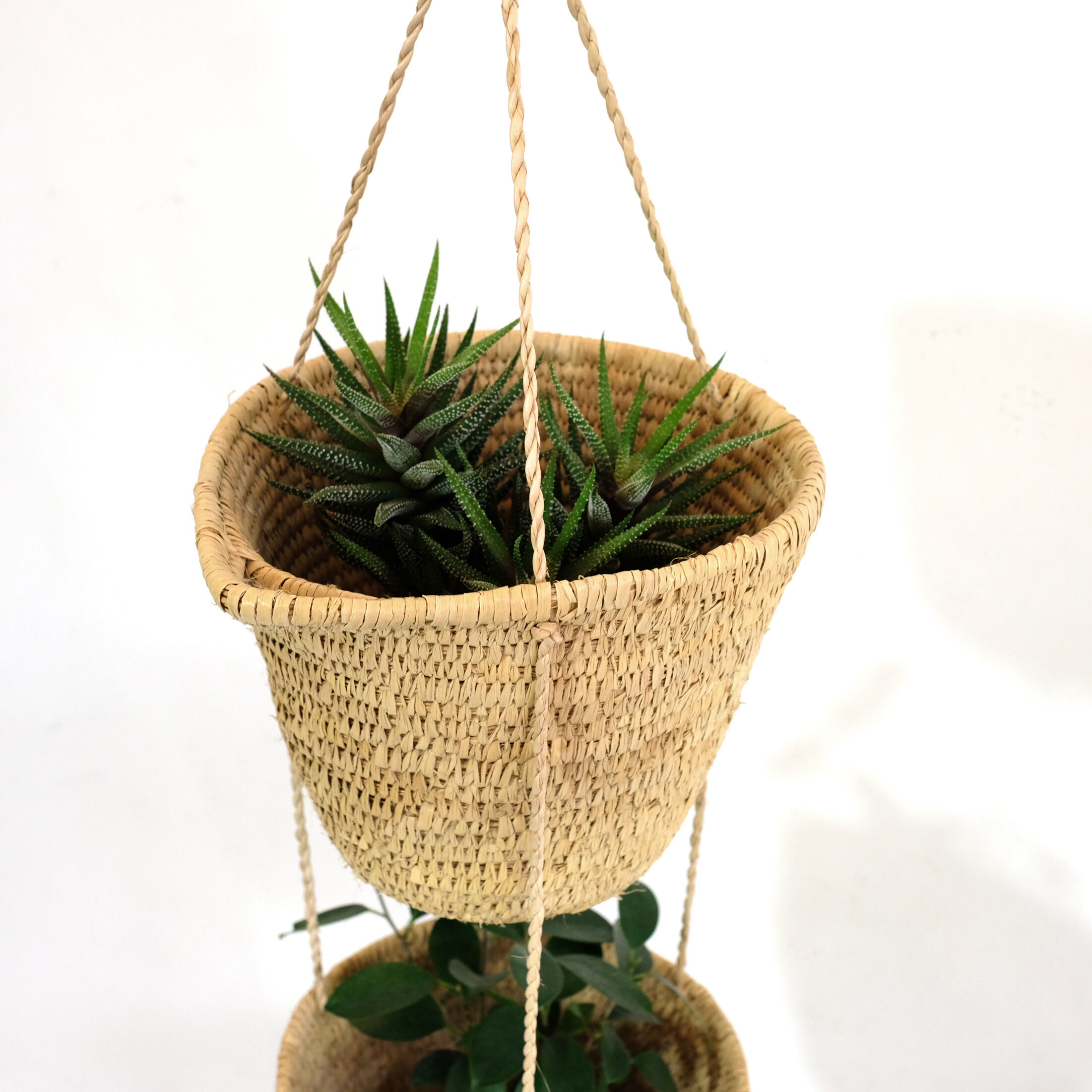 Hanging baskets made of natural fiber