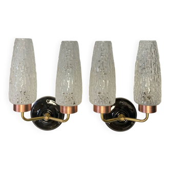 Pair of double vintage wall lights in brass and glass tulips, old lighting fixture LALP-7105