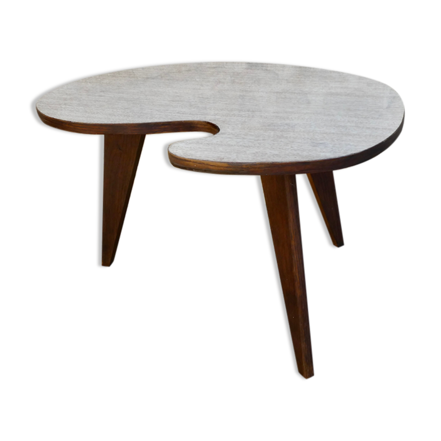 Tripod coffee table, free form, wooden and Formica, 60s