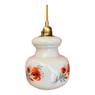 Vintage opaline globe pendant lamp orange flower designs