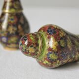 Salt shaker and pepper shaker in brass and vintage cloisonné enamel