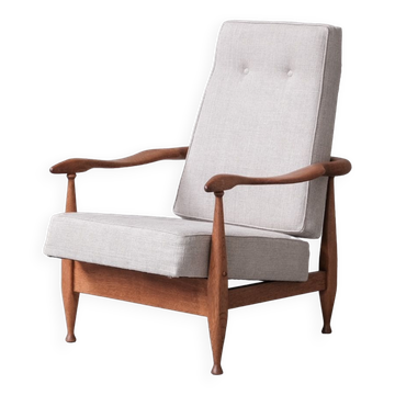 Guillerme et Chambron Oak Mid-Century French Upholstered Armchair