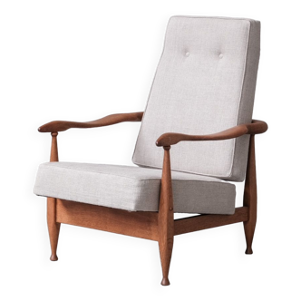 Guillerme et Chambron Oak Mid-Century French Upholstered Armchair