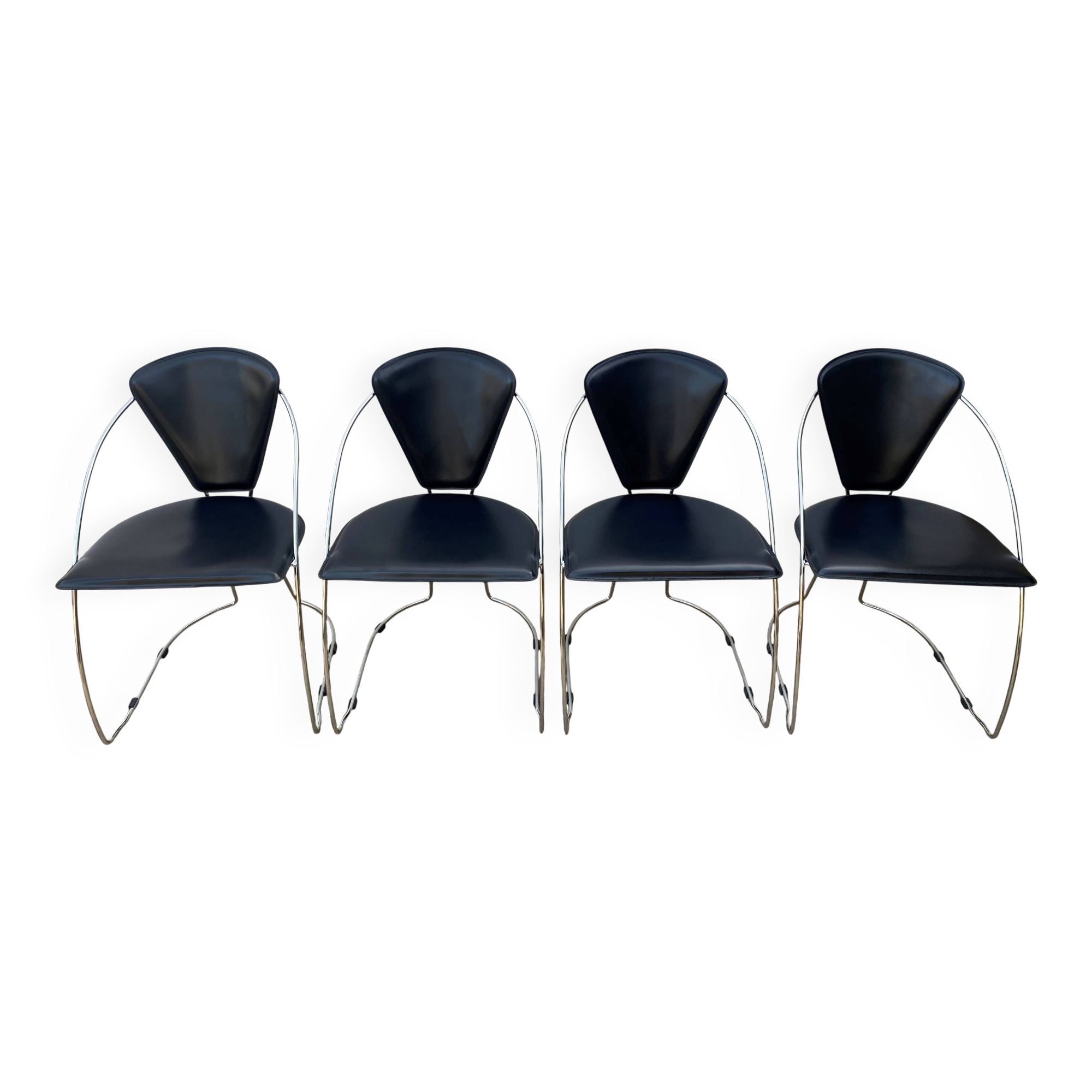 Set of 4 Linda armchairs by Arrben, black leather, chrome steel frame