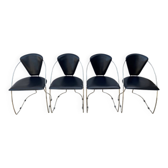 Lot de 4 fauteuils chaises Linda de Arrben cuir noir armature acier chromé