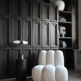 Table lamp in oxidized metal and opaline glass, contemporary work.