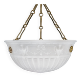 Antique 1900s English Moonstone Glass Plafonnier Hanging Lamp