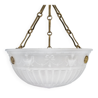 Antique 1900s English Moonstone Glass Plafonnier Hanging Lamp