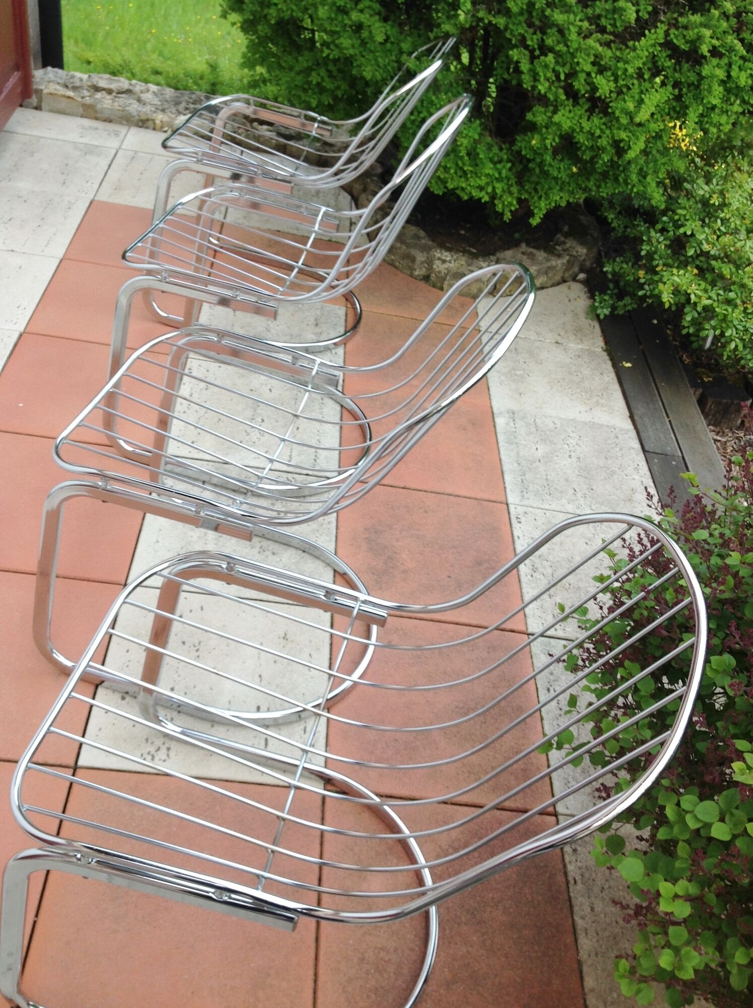 Set of four chrome metal wired chairs by Gastone Rinaldi / vintage 70s