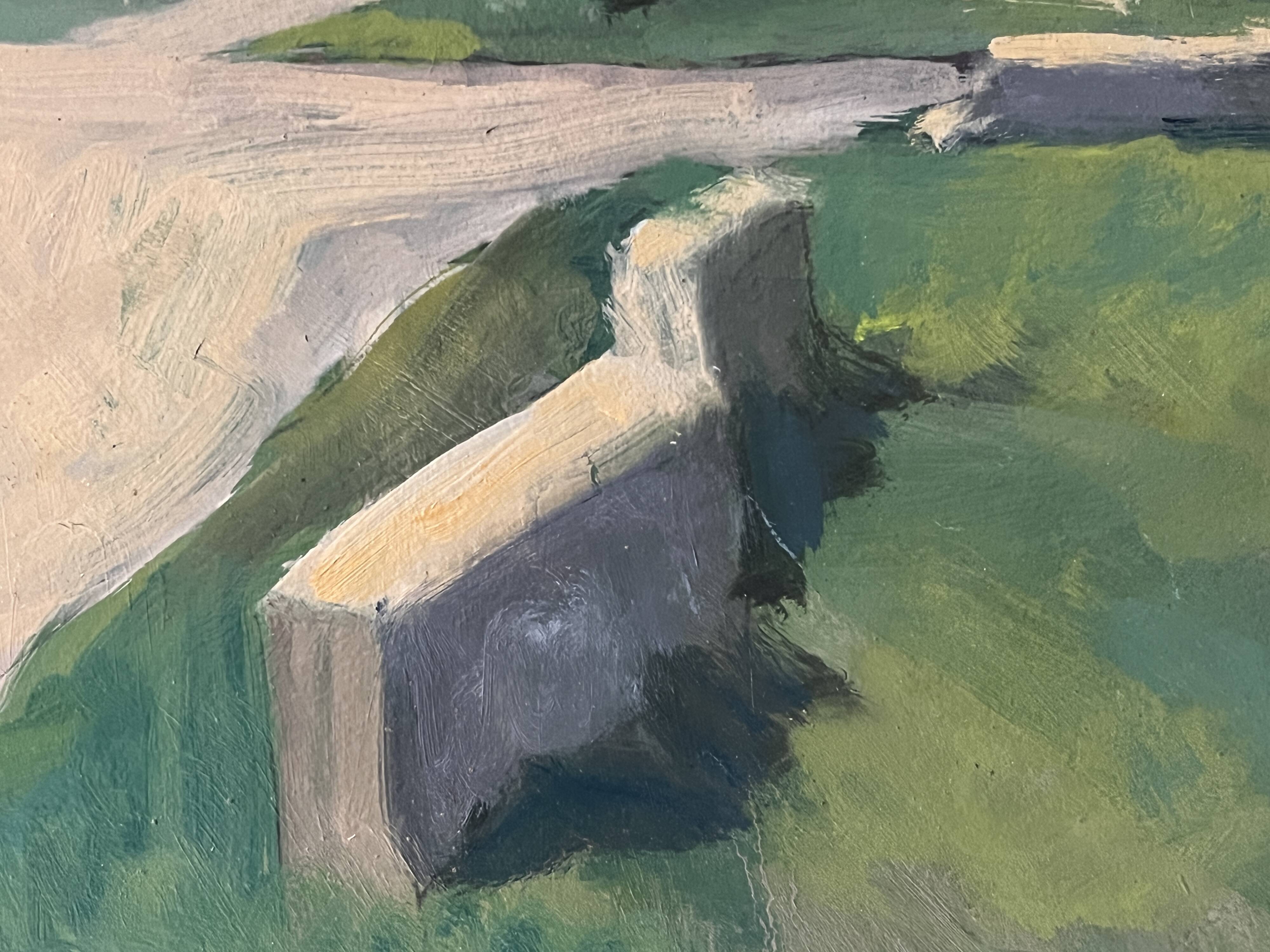 Large oil on panel of a Breton landscape 1950, antique painting signed.