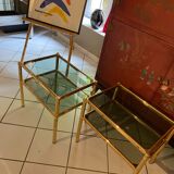 Pair of tables gilded chrome and smoked glass
