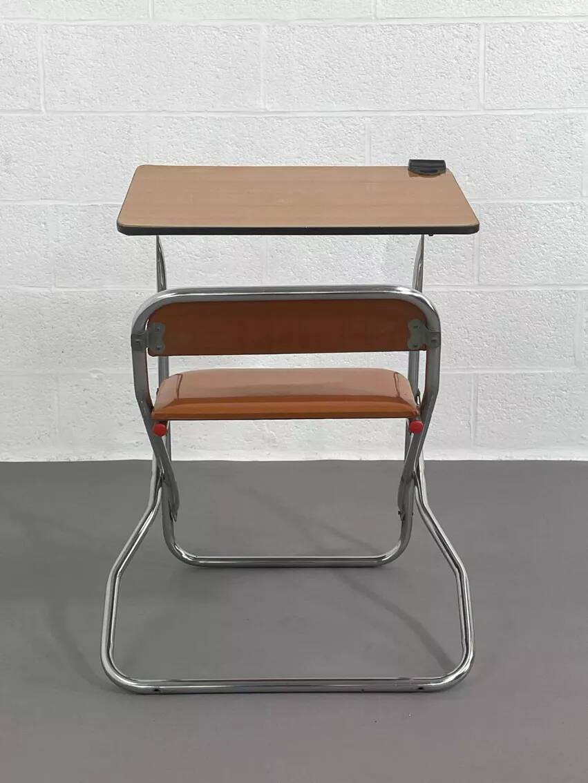 Vintage folding school desk with faux leather seat