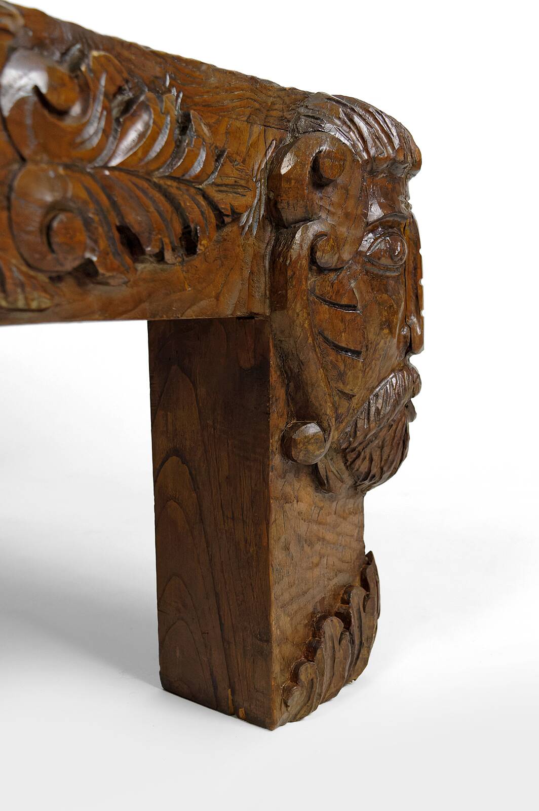 Solid oak coffee table carved with fauns and gray marble top, France, circa 1940